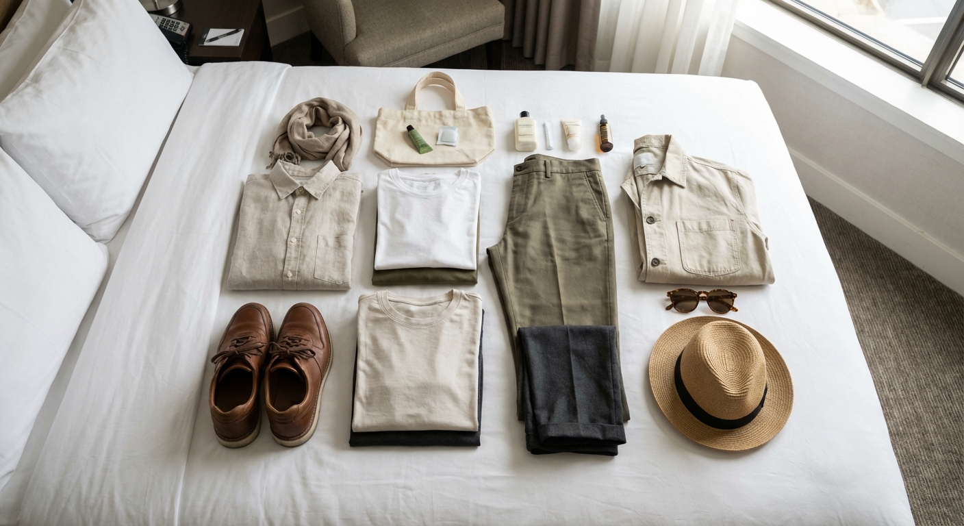 A travel capsule wardrobe with coordinating neutral clothing pieces laid out on a bed