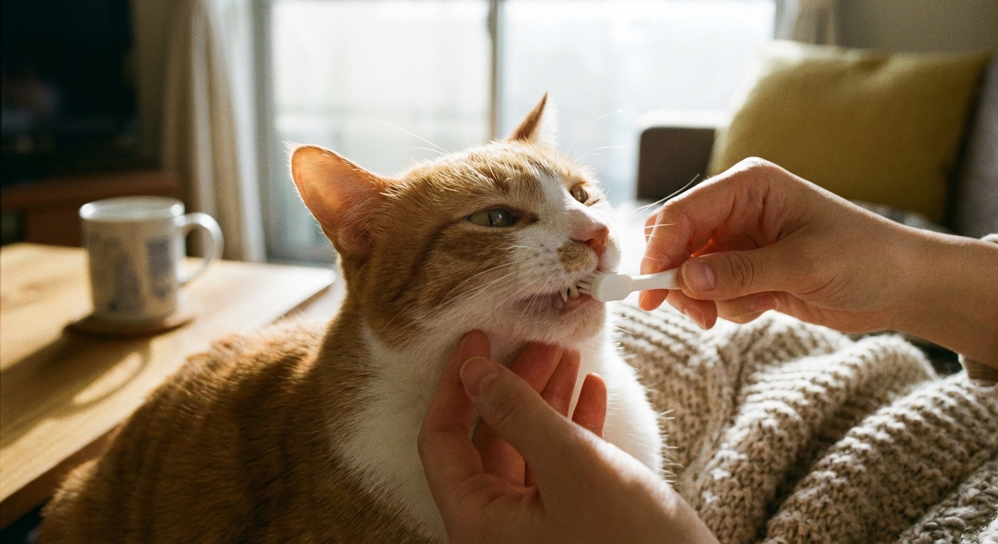 A cat receiving dental care at home as part of preventive pet health