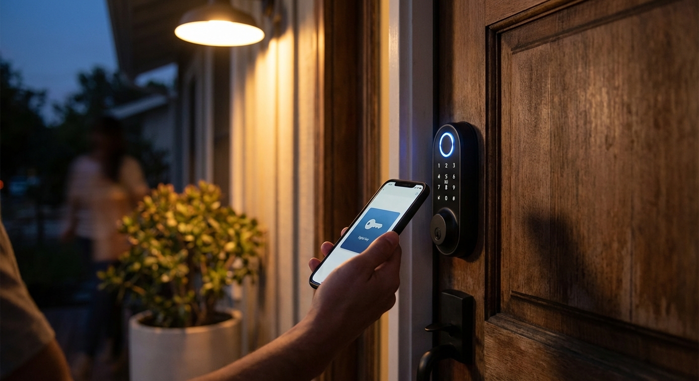 Smartphone approaching a smart lock with blue UWB proximity glow on a wooden front door