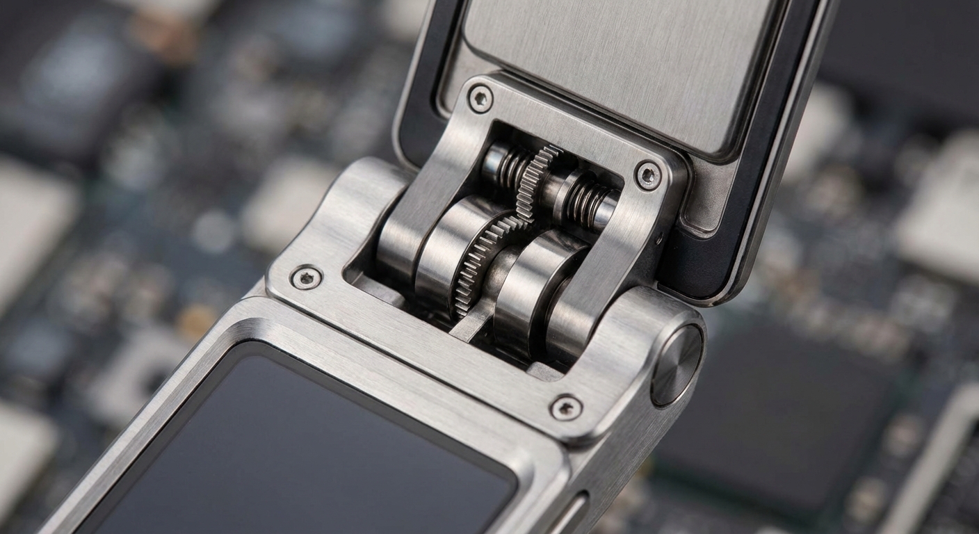 Close-up of a foldable screen hinge mechanism showing precision engineering