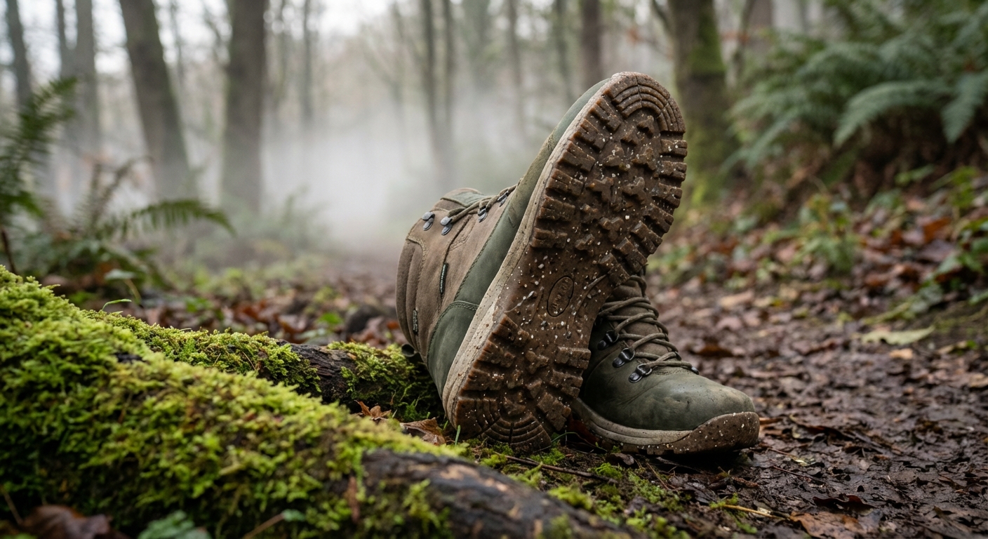 Sustainable hiking boots with recycled rubber soles on a mossy forest trail