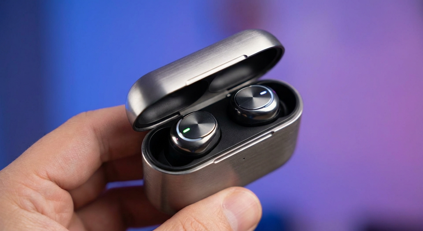 Wireless earbuds charging case open showing earbuds inside