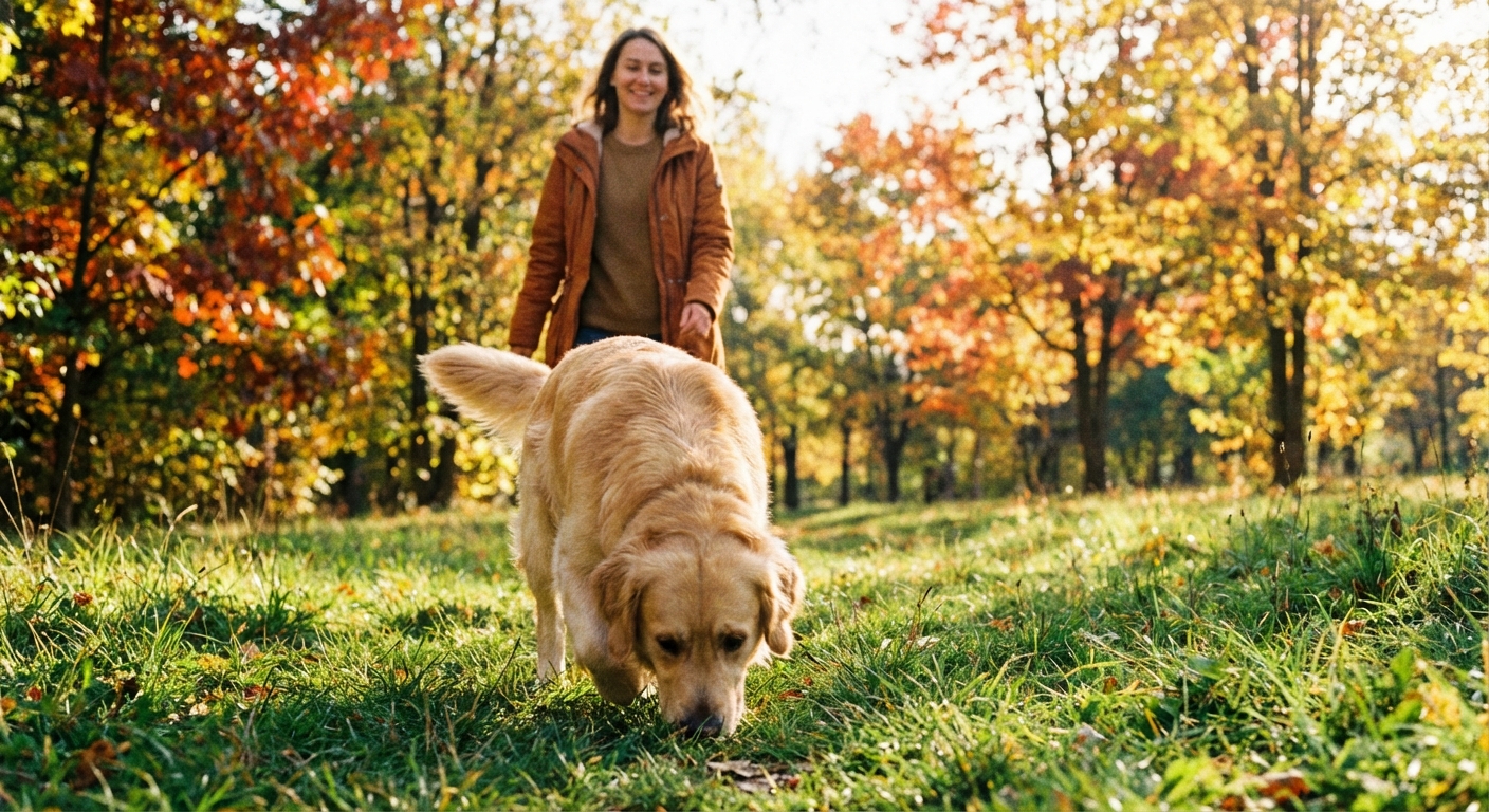 A dog enjoying a sniff walk for mental enrichment and exercise