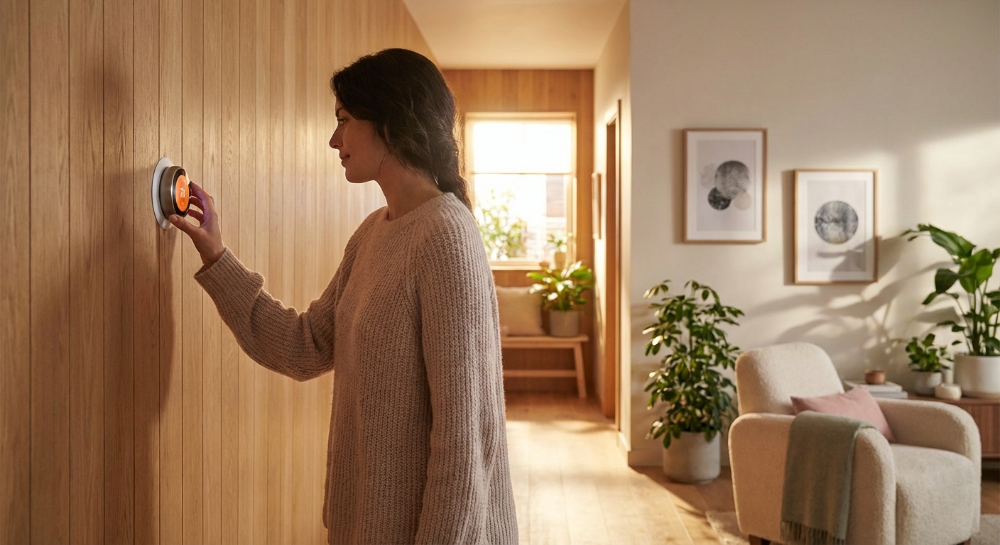 Person adjusting a smart thermostat in a modern home hallway