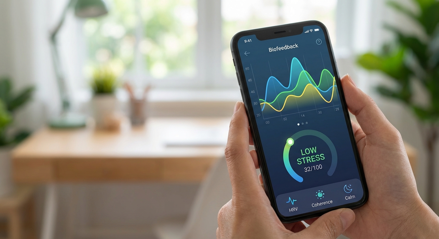 Smartphone displaying biofeedback app with stress and heart rate data