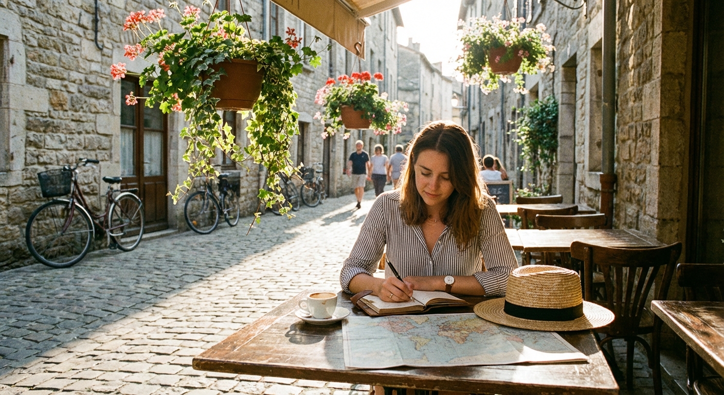 Traveler journaling at a European cafe, embracing slow and intentional travel