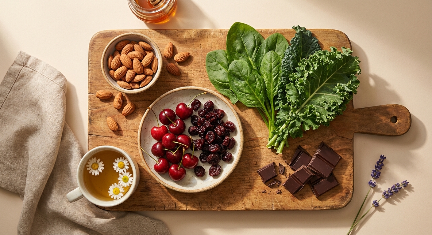 Sleep-promoting foods including almonds, cherries, leafy greens, and chamomile tea