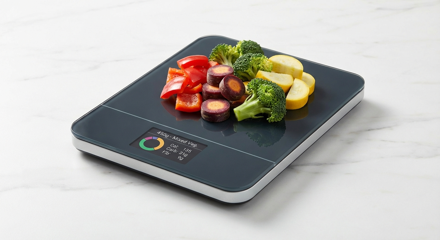 Smart kitchen scale displaying nutritional information while weighing fresh vegetables