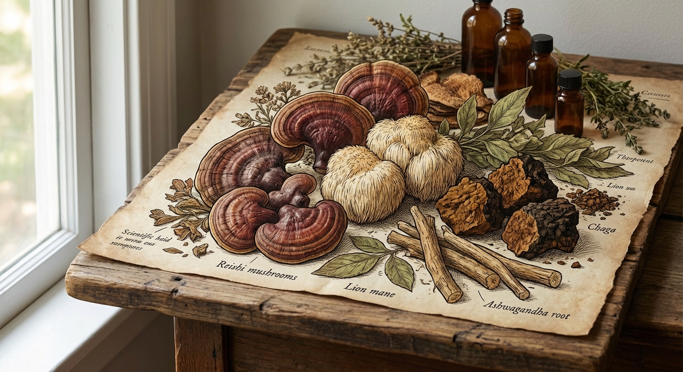 Assortment of adaptogenic mushrooms and herbs including reishi and lions mane