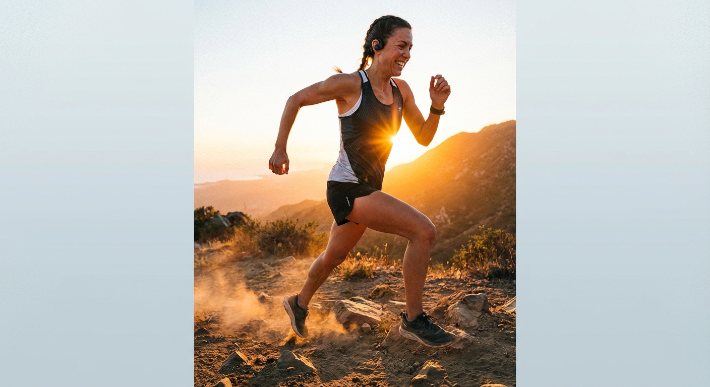 Runner wearing wireless earbuds on a trail at sunrise