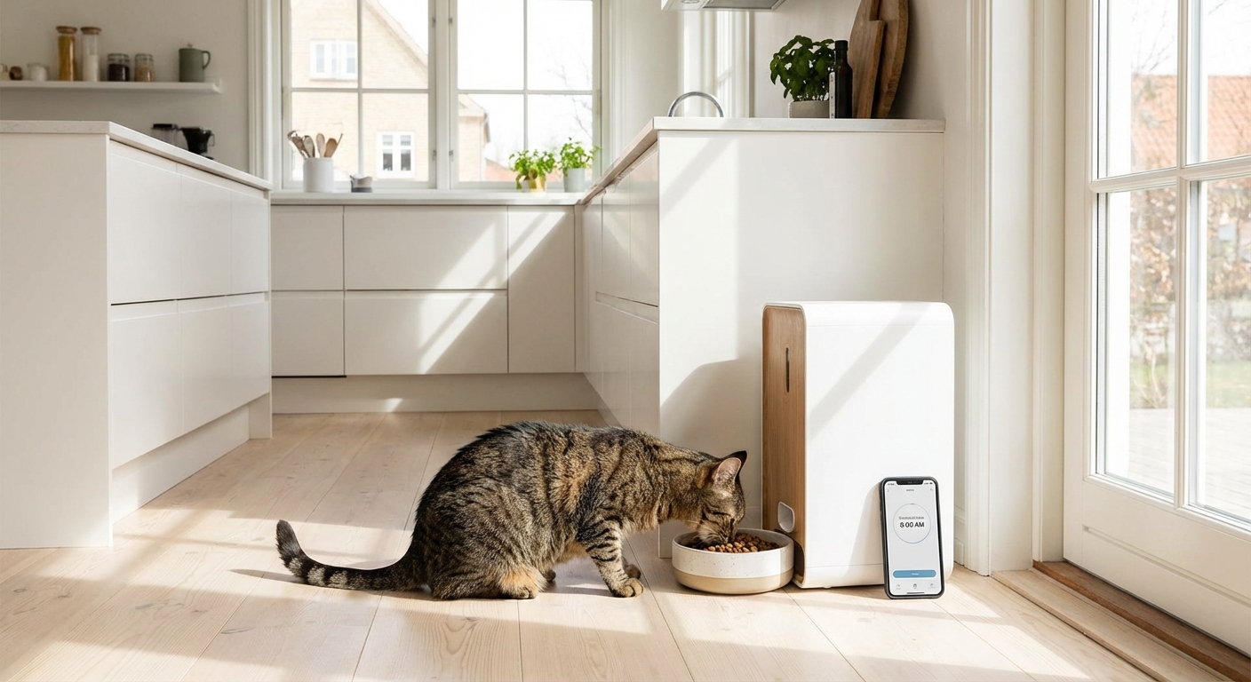 Smart automatic pet feeder dispensing food for a cat