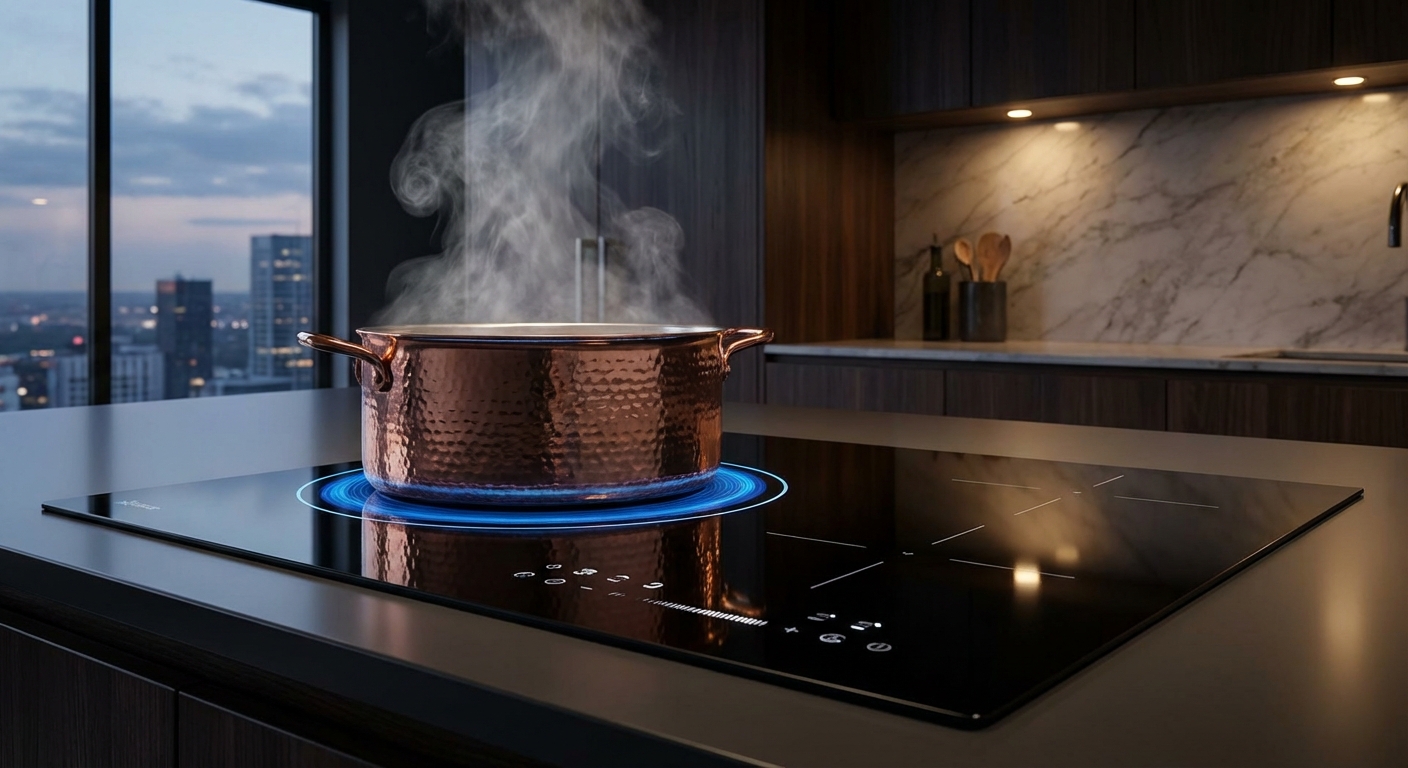Smart induction cooktop with zone-free cooking detecting a copper pot