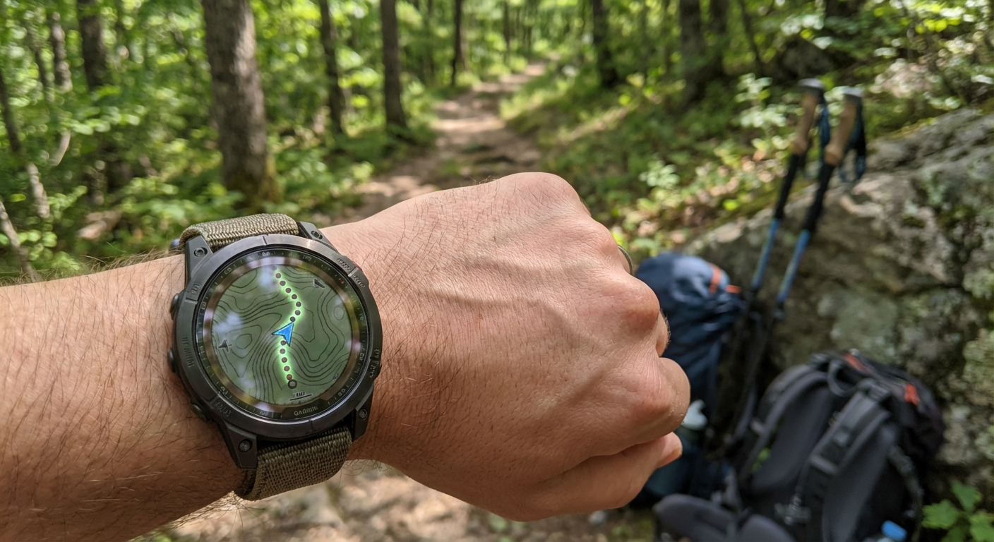 GPS smartwatch displaying topographic trail map with breadcrumb navigation on a forest trail