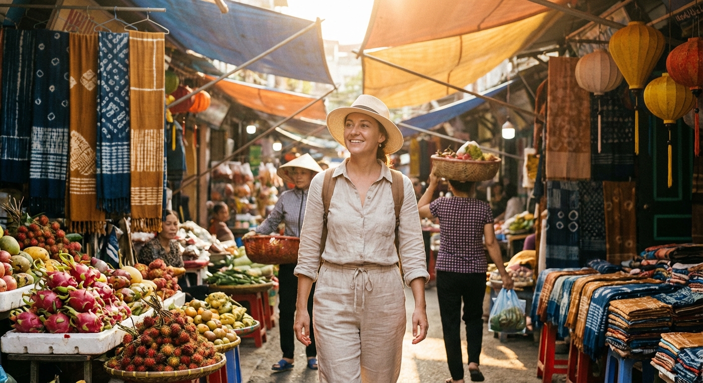 Traveler exploring a vibrant local market during a slow travel trip