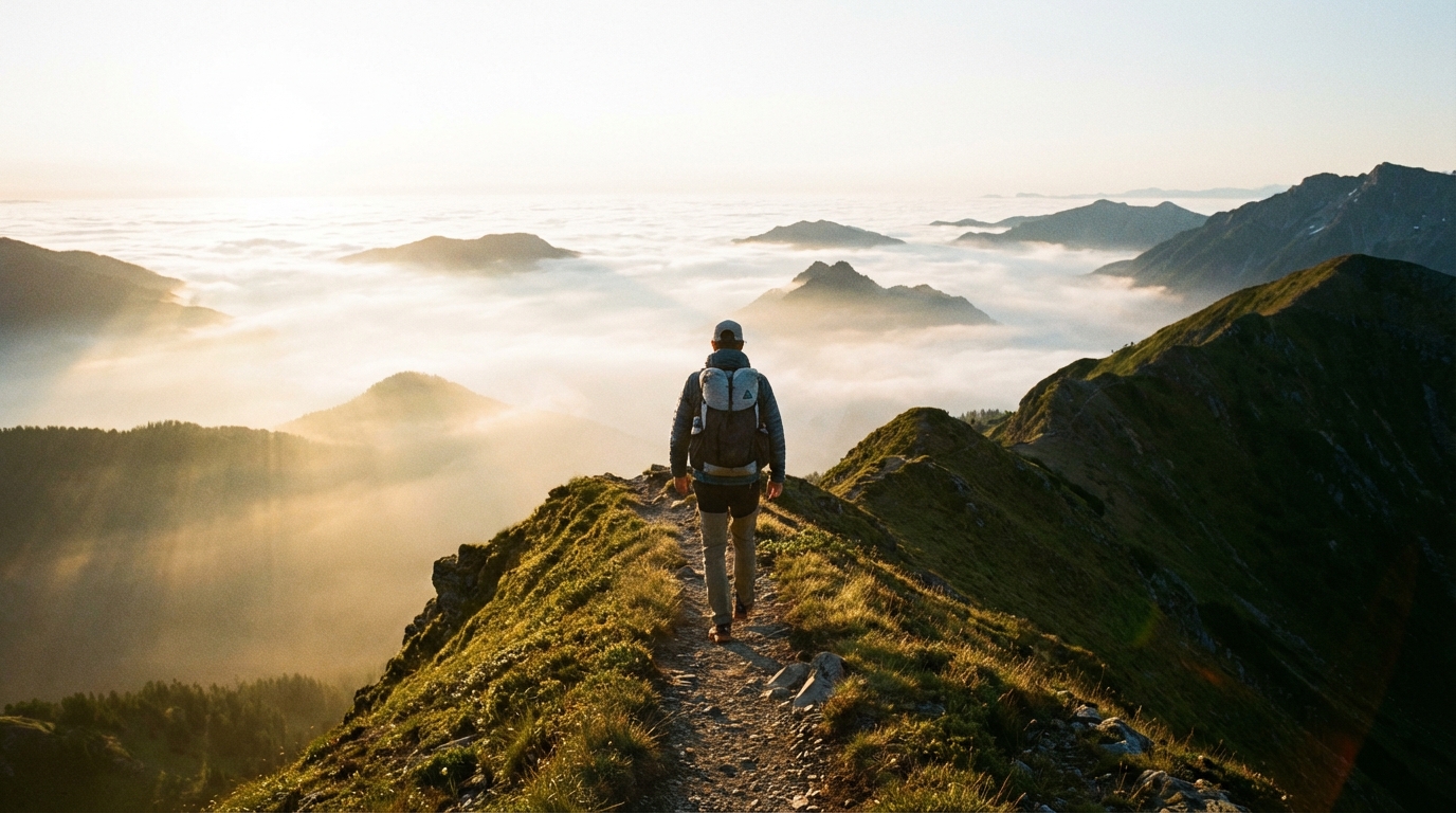 Hiker with a compact ultralight backpack on a mountain ridge trail at sunrise with mist in the valley