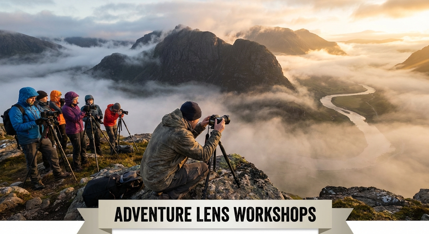 A photographer capturing a mountain landscape during a travel photography workshop