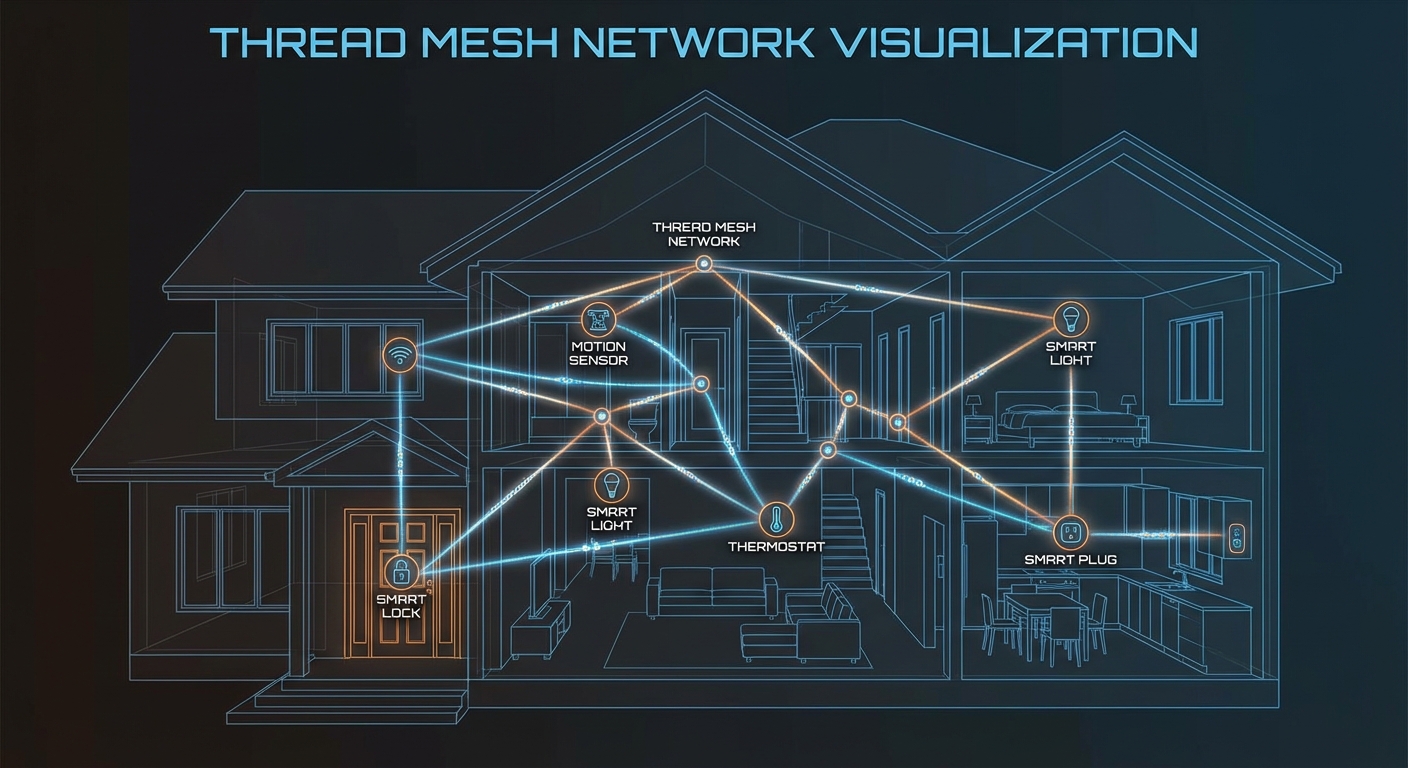 Visualization of a Thread mesh network connecting smart home devices throughout a house