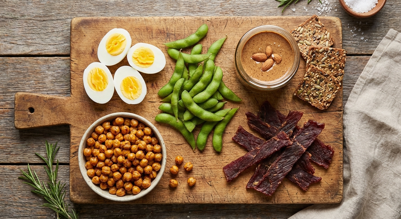 A variety of high-protein snacks including eggs, edamame, and roasted chickpeas