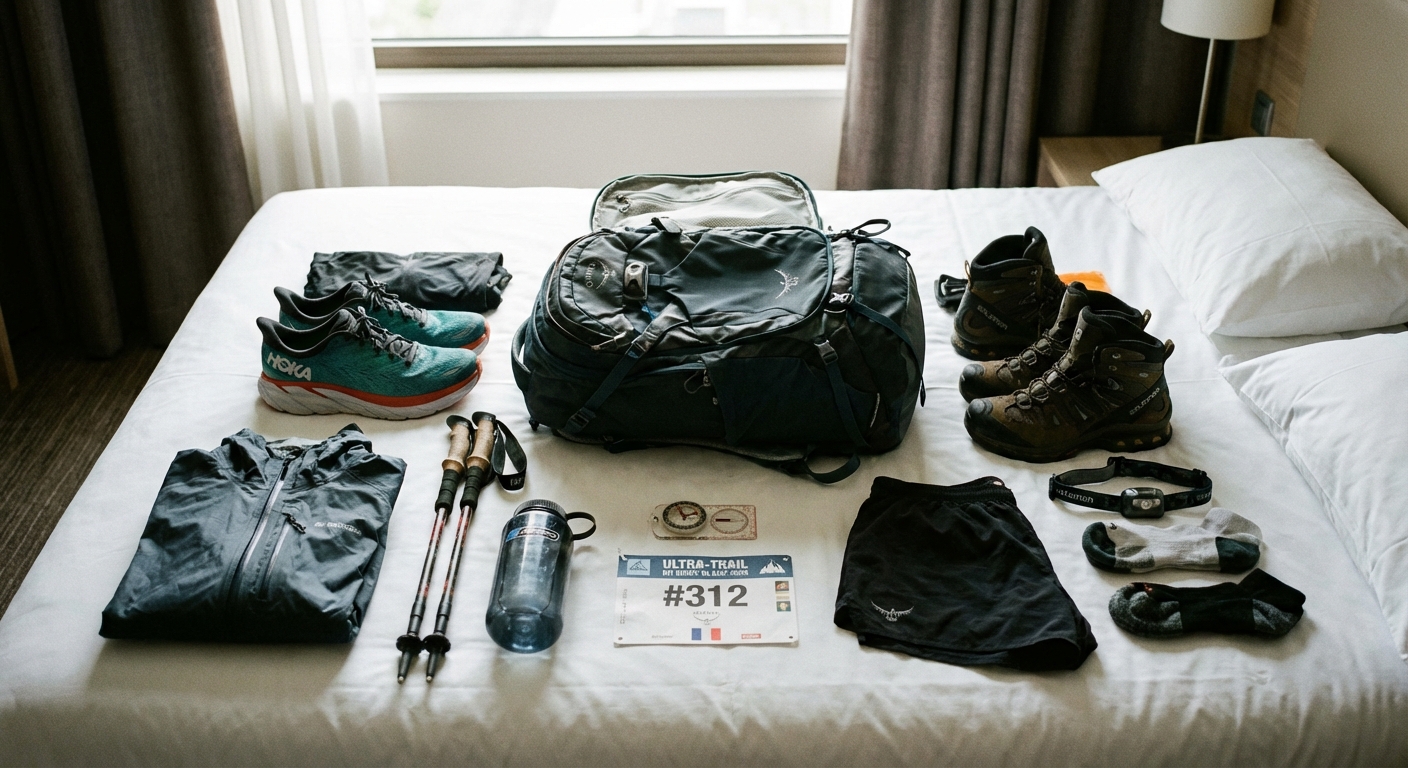 Organized travel gear including running shoes, hiking equipment, and race bib laid out on a bed