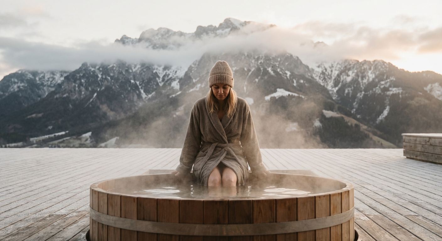 Person in a cold plunge tub outdoors with steam rising at dawn