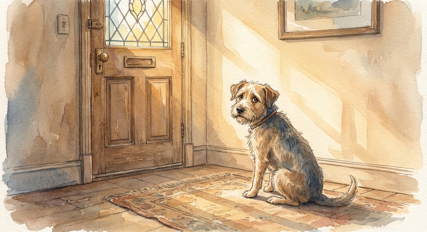 Dog waiting anxiously by the front door showing signs of separation anxiety