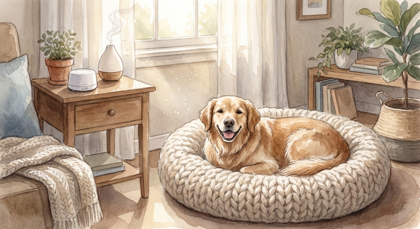 Relaxed dog in a calming bed with soothing environmental elements nearby