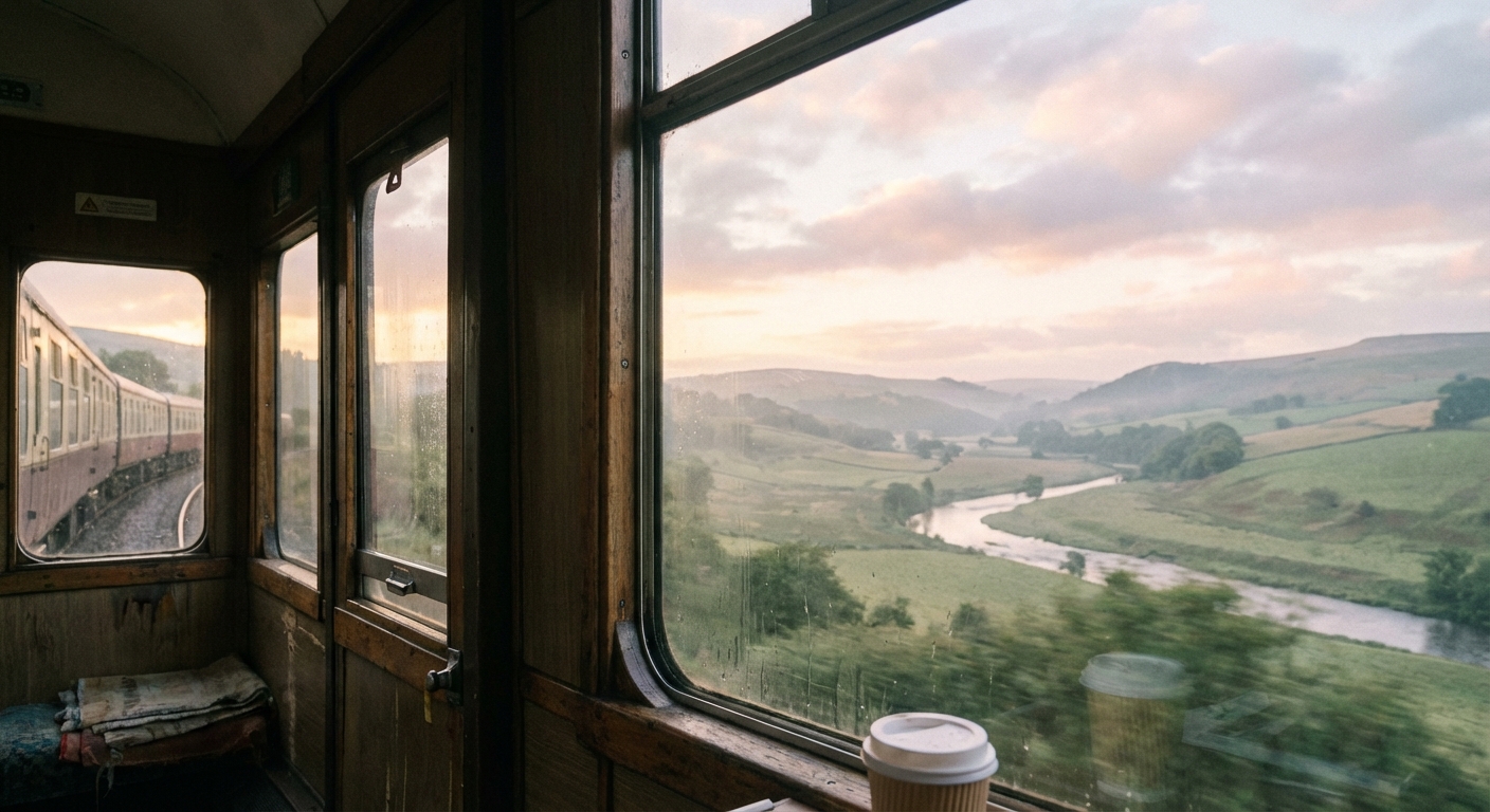 View from a train window passing through scenic countryside