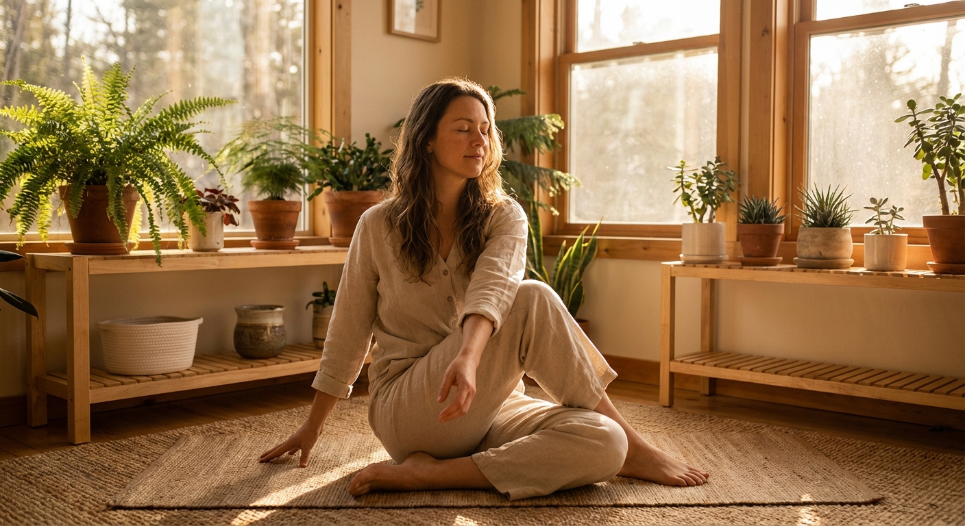 Person doing gentle yoga stretches in a sunlit room for active recovery