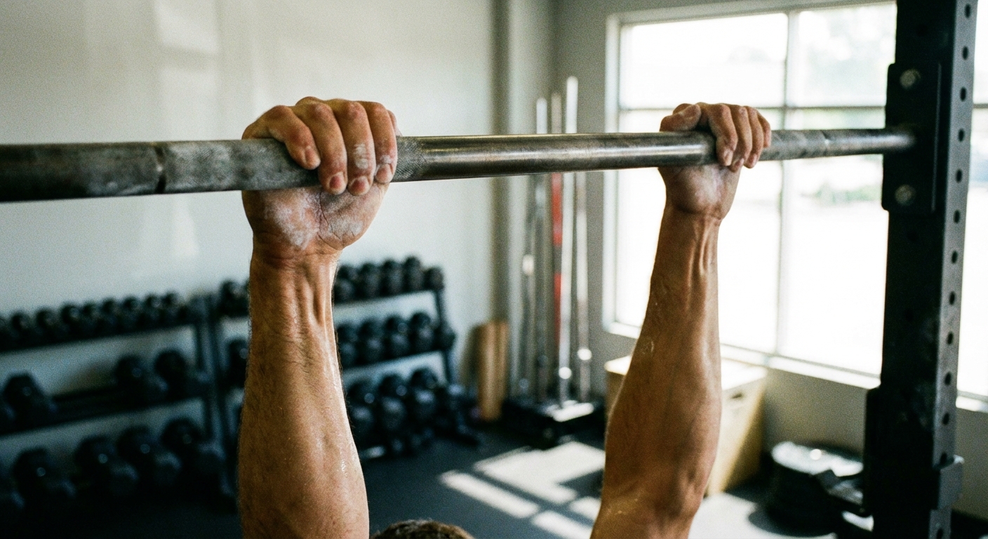 Hands gripping a pull-up bar during a dead hang for grip strength training