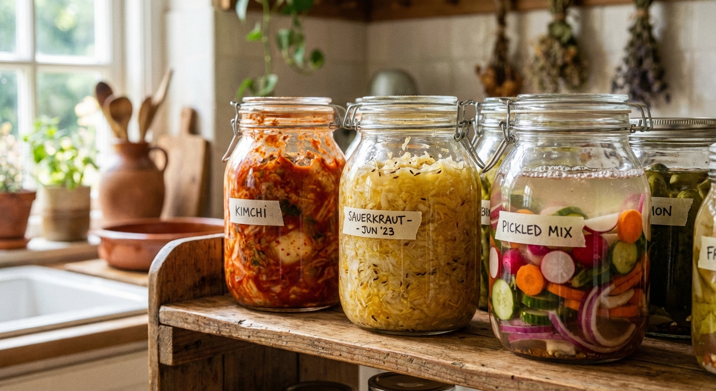 Glass jars of colorful fermented vegetables on a kitchen shelf