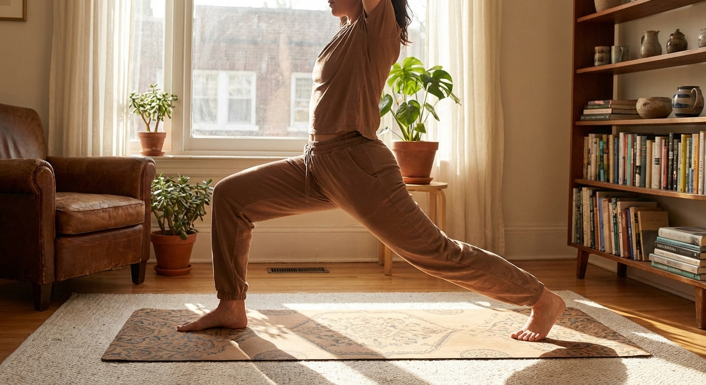 A person performing mobility exercises at home as part of a longevity routine