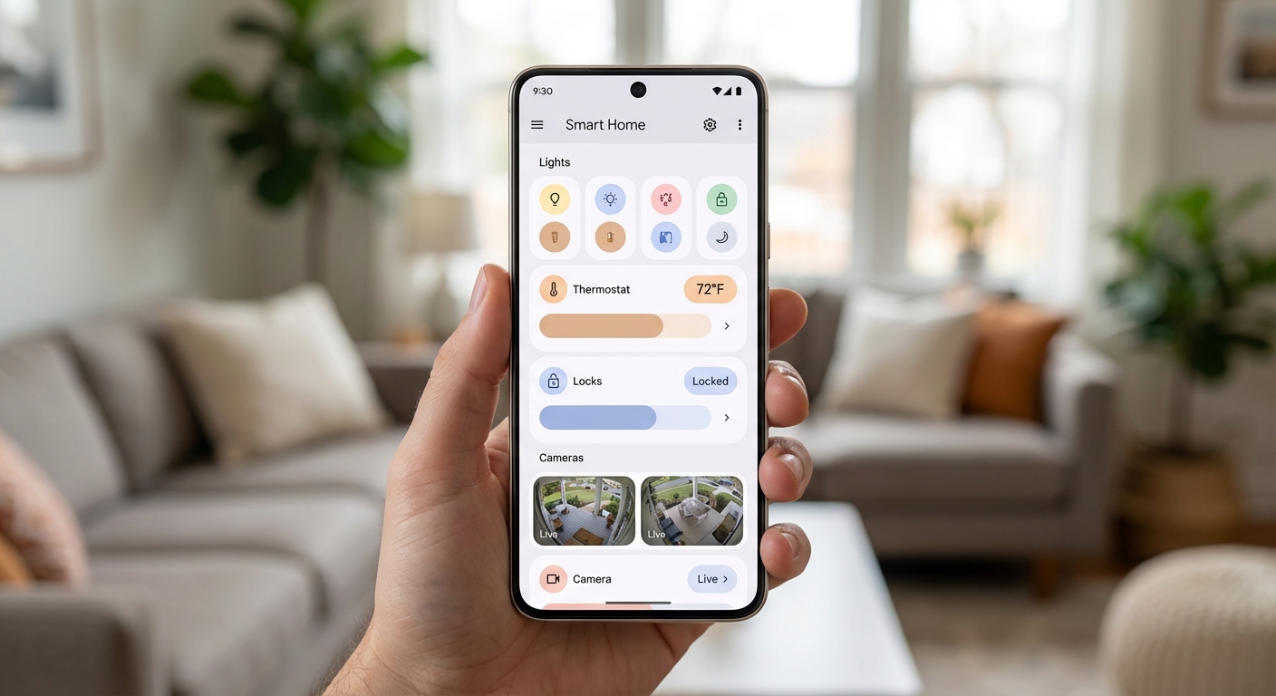 Smartphone displaying a unified smart home control dashboard