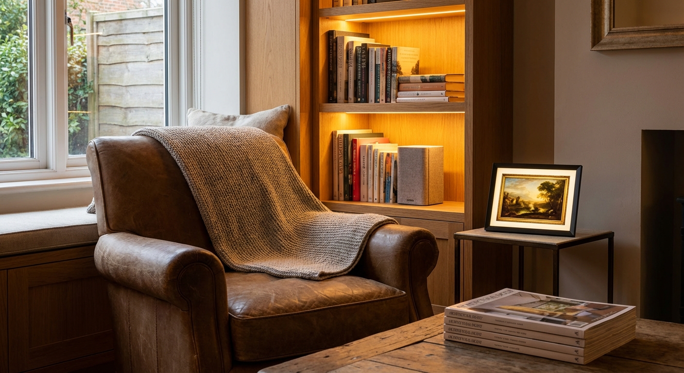 A reading nook with smart ambient lighting and a discreet bookshelf speaker