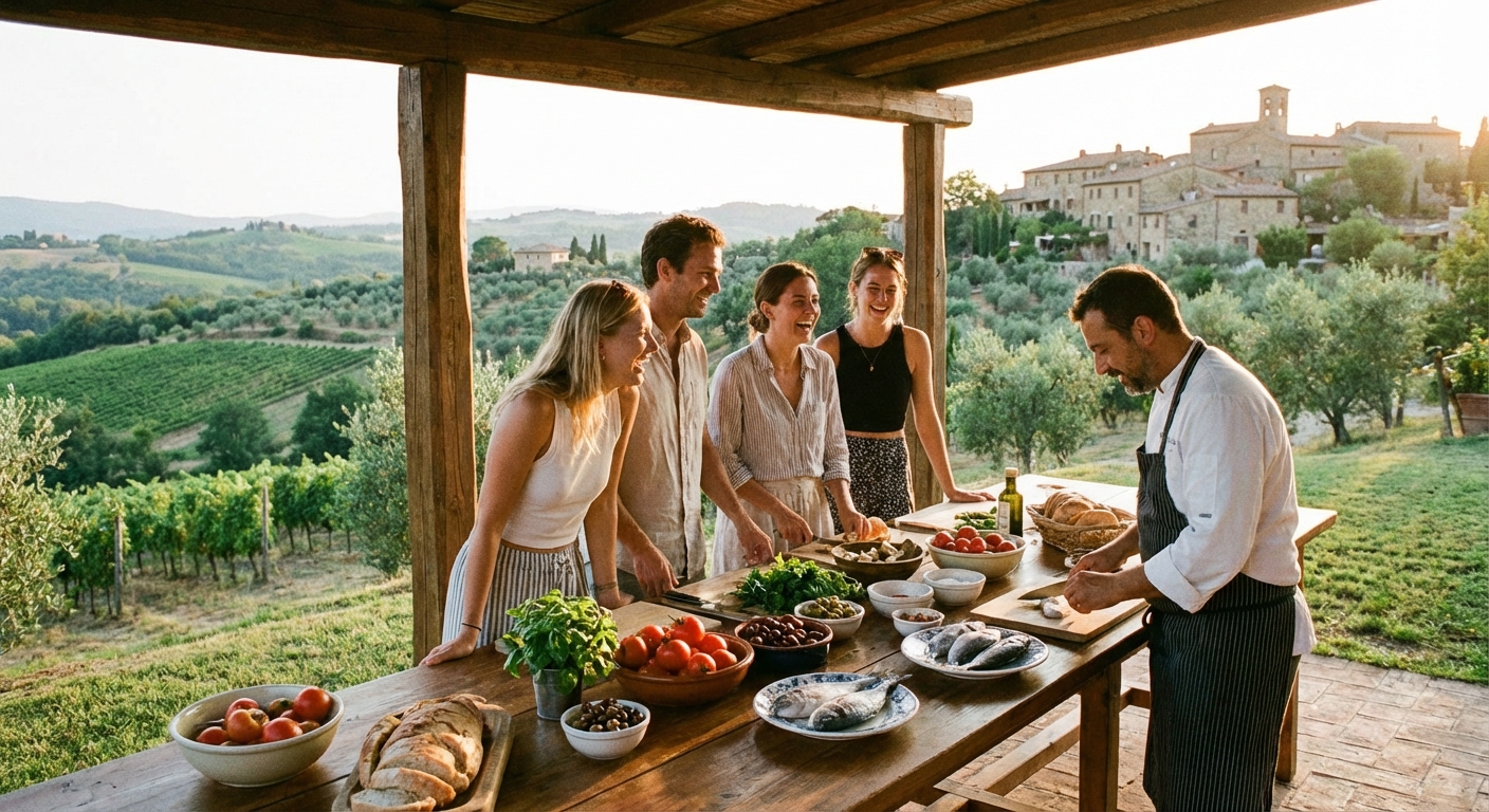 Travelers participating in an outdoor cooking class during a skillcation