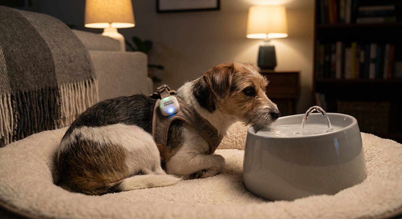 Small dog with health monitoring vest near smart water fountain