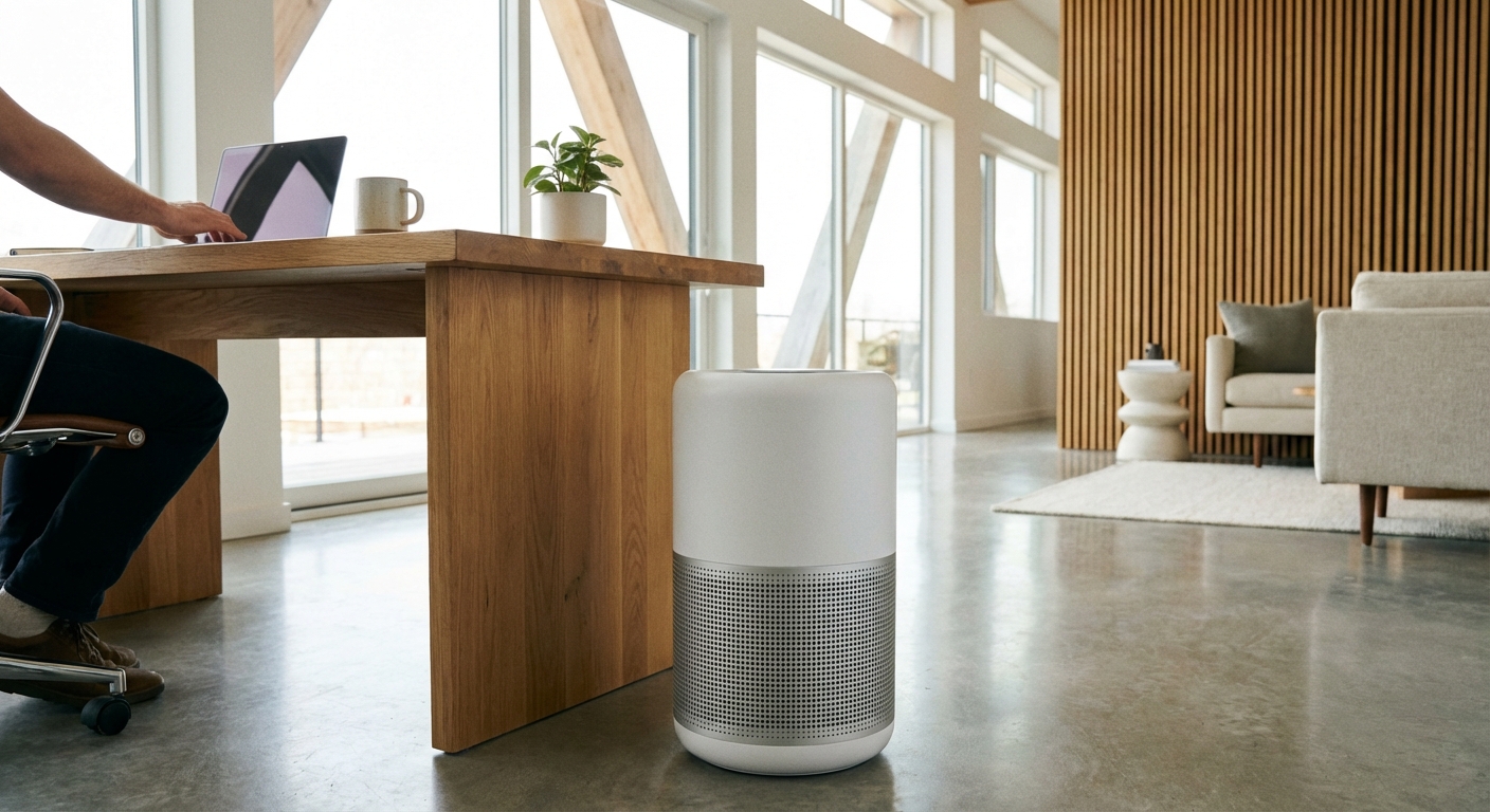 Modern HEPA air purifier in a bright home office with natural light