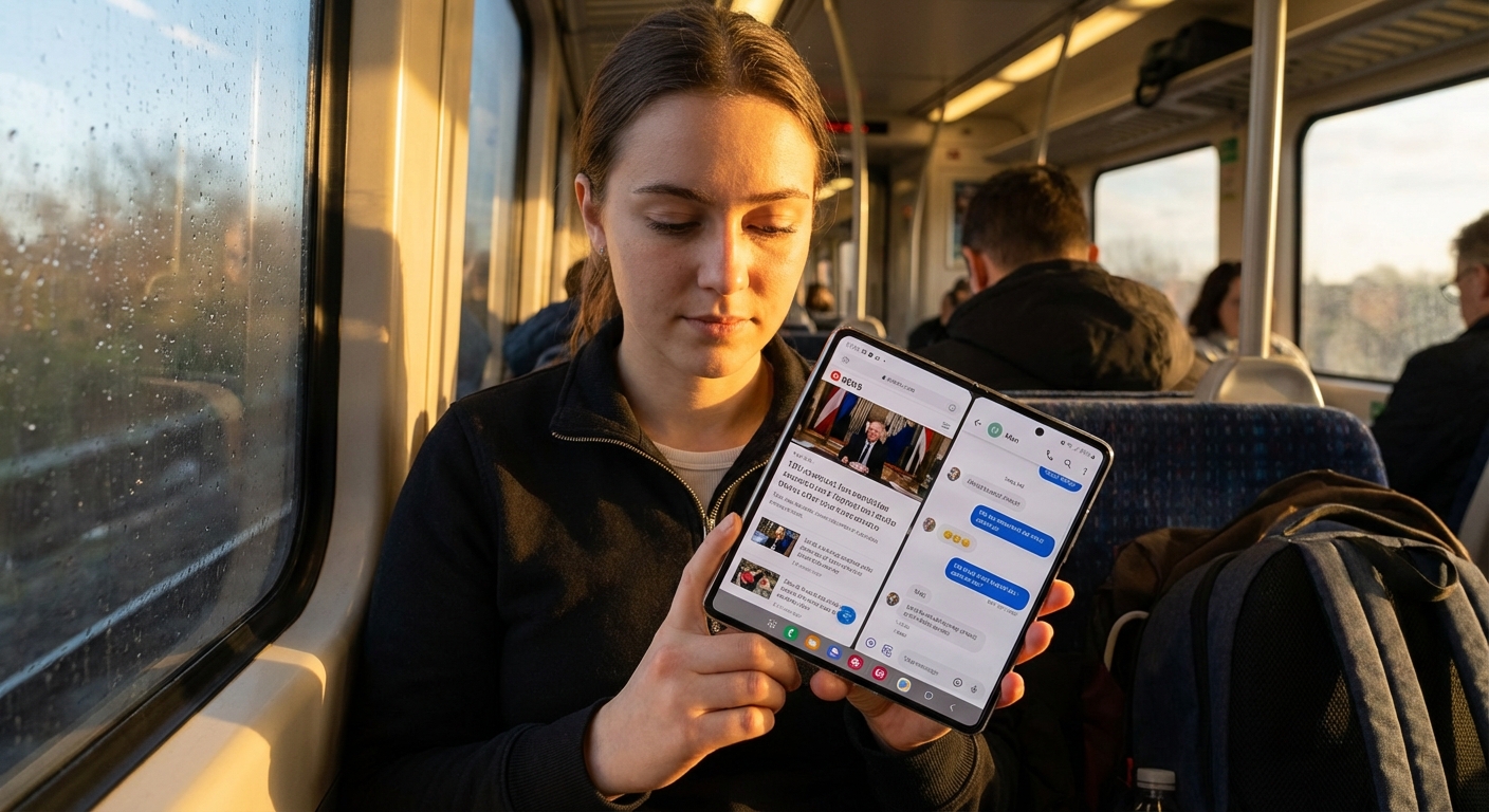 Person using a book-fold foldable phone for multitasking during a commute