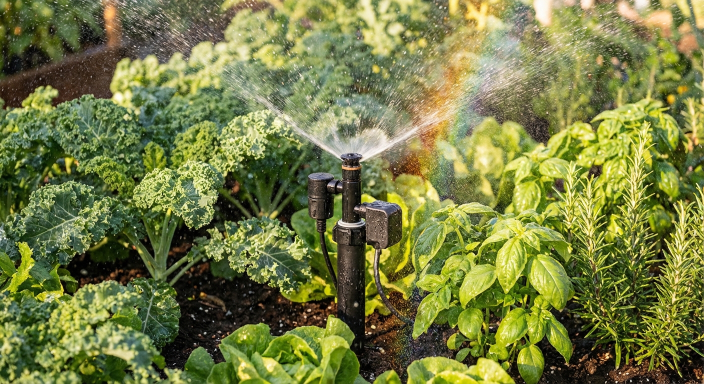 Smart irrigation system watering a lush vegetable garden in morning light