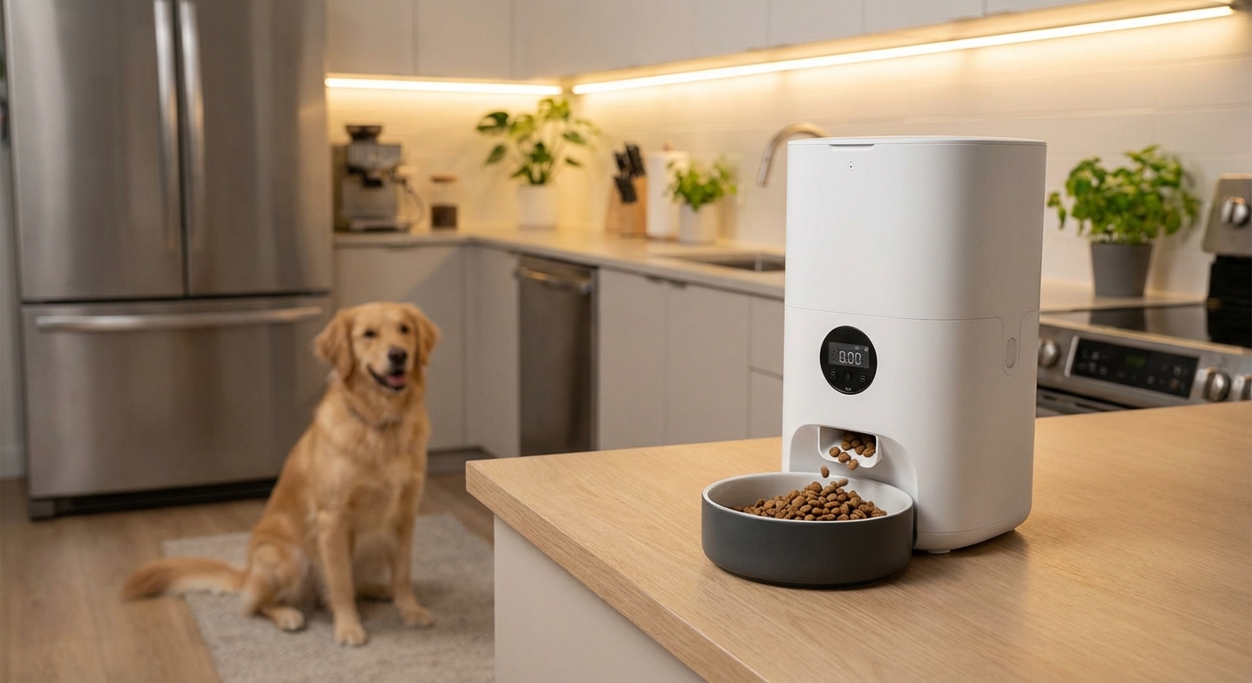 Smart automated pet feeder dispensing fresh food in a modern kitchen