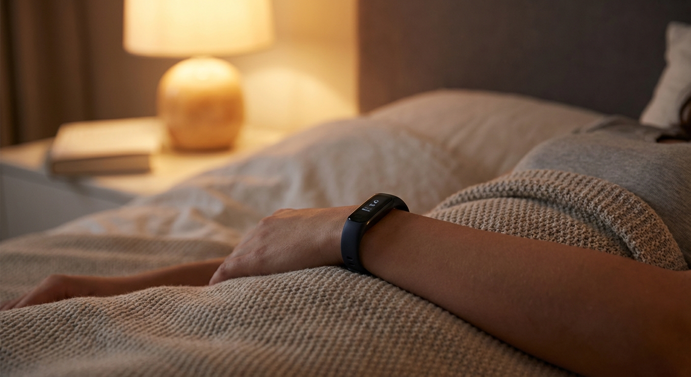 Person wearing a sleep tracking wearable device while preparing for bed