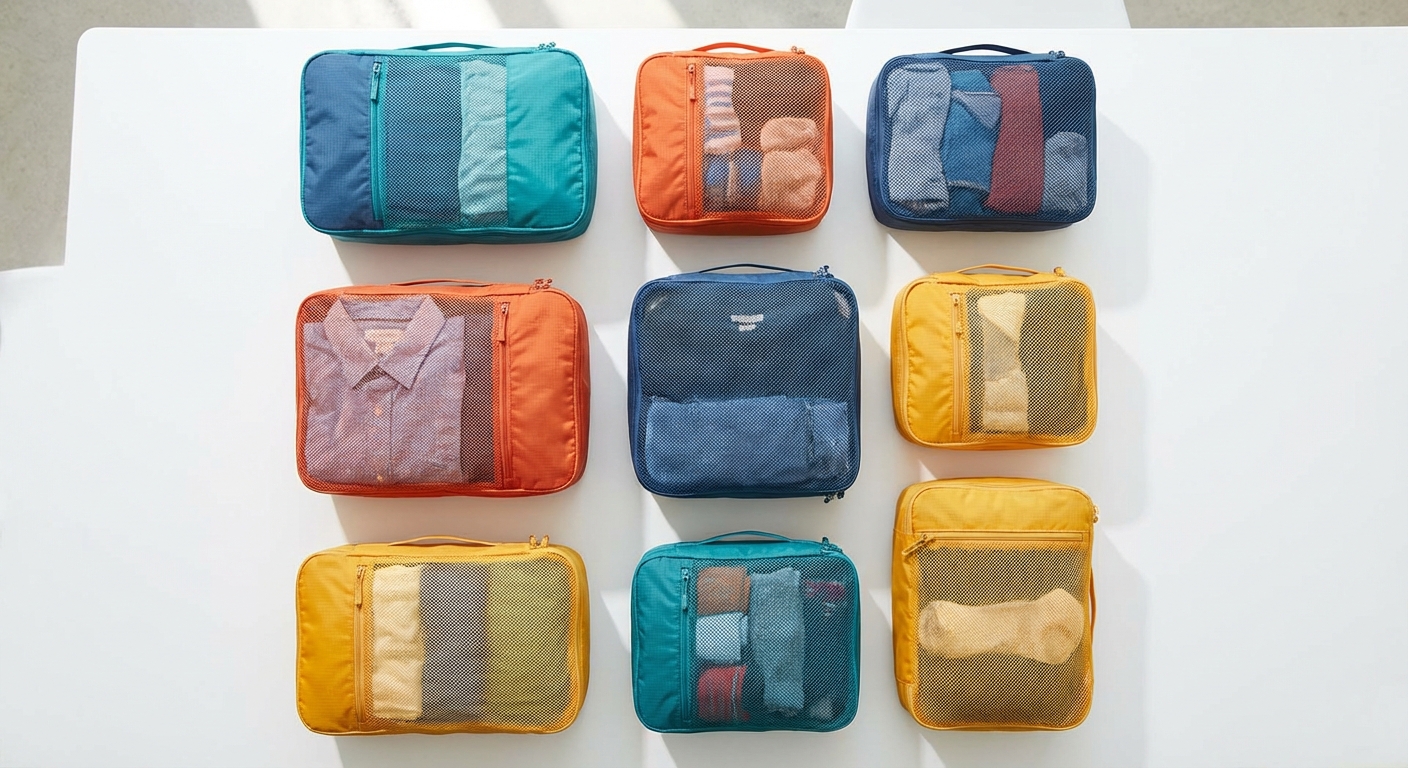 Colorful compression packing cubes with neatly organized clothing