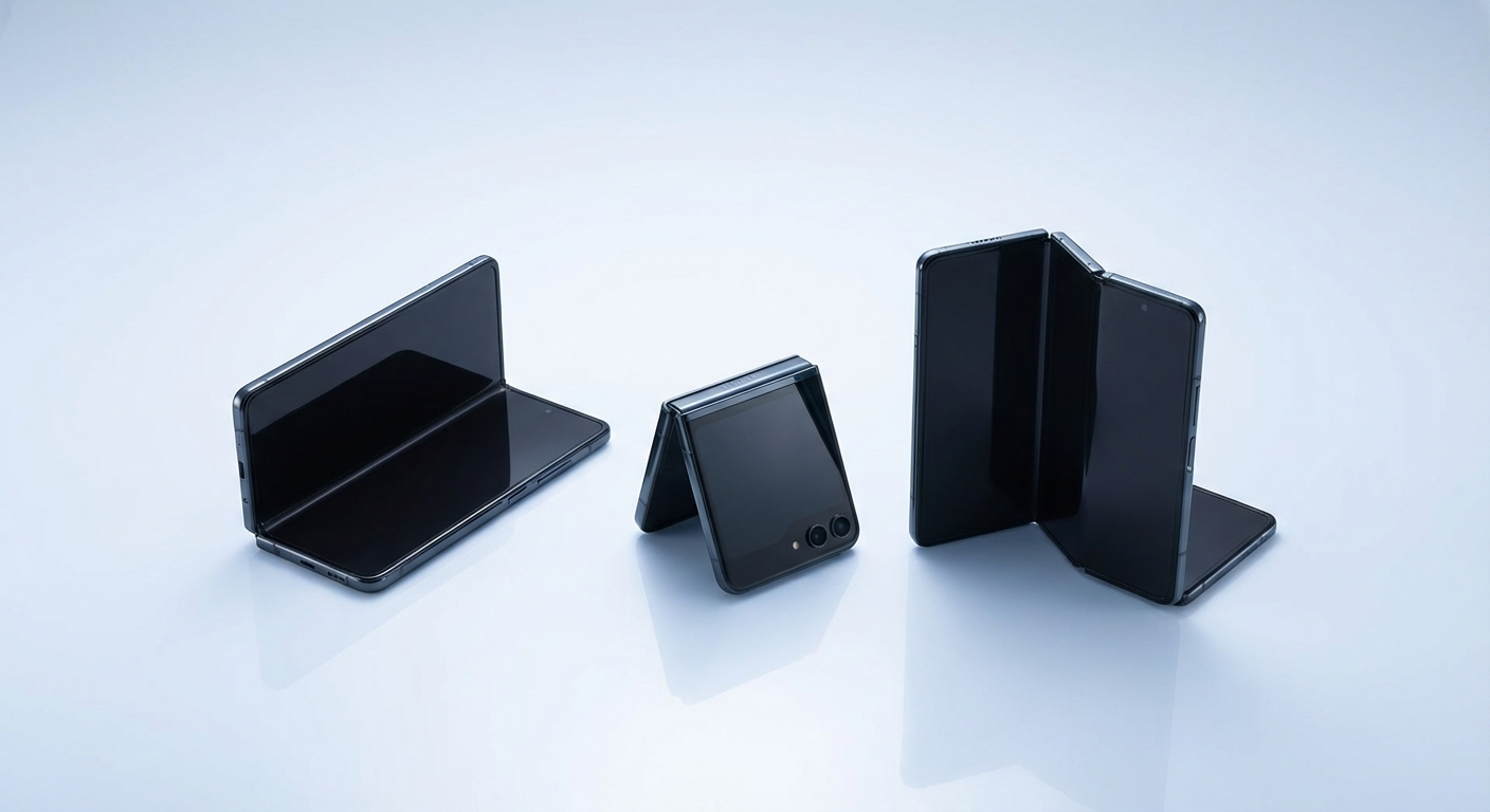 Three foldable phone form factors compared: book fold, flip fold, and tri-fold