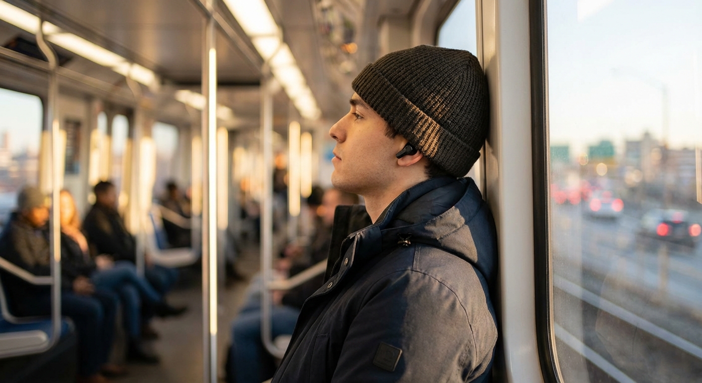 Person wearing wireless earbuds while commuting on a subway
