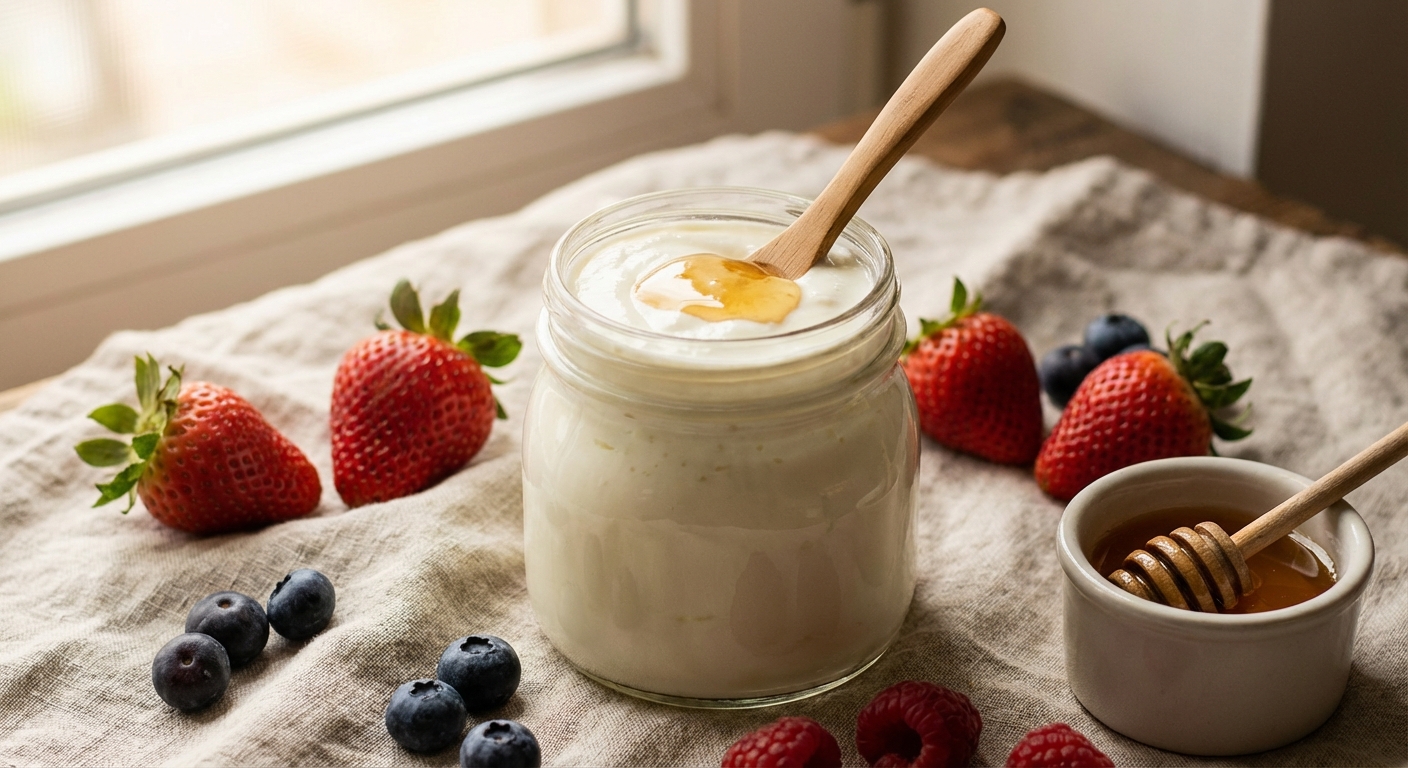 Homemade yogurt with fresh berries and honey, a probiotic-rich food for gut health