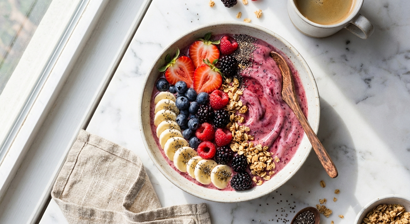 Vibrant smoothie bowl topped with fresh berries, banana, and seeds