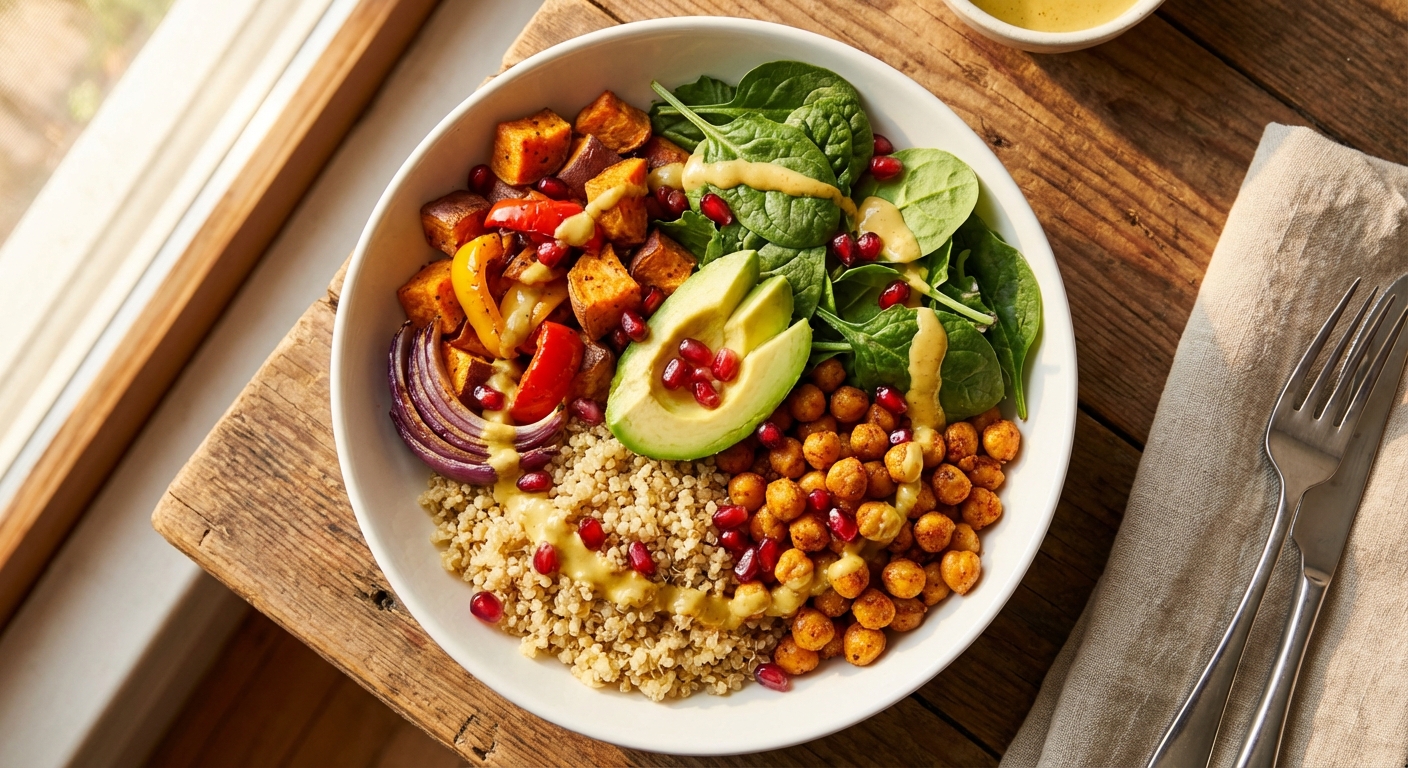 Colorful grain bowl with chickpeas, roasted vegetables, and leafy greens