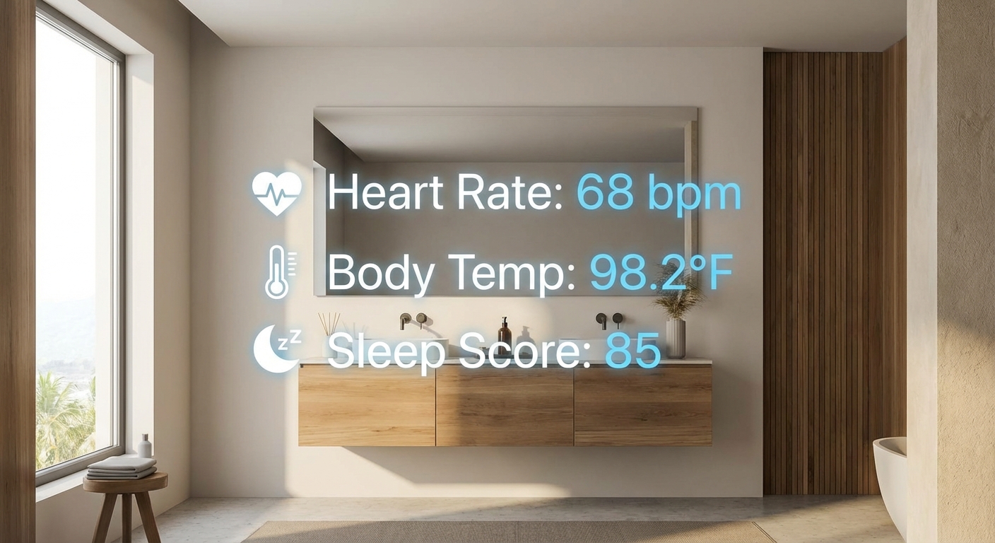 Smart mirror displaying health metrics including heart rate and sleep score in a modern bathroom