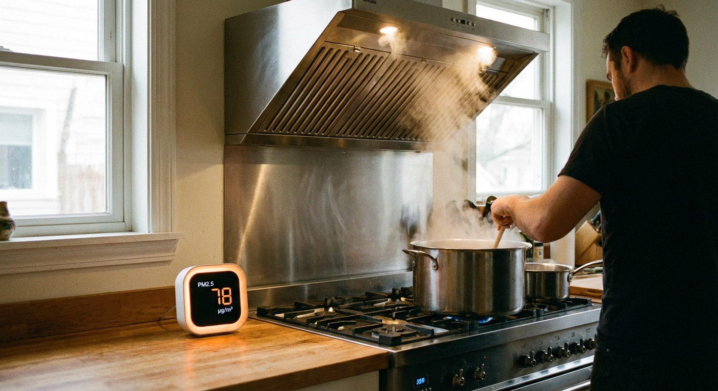 Kitchen air quality monitor showing elevated PM2.5 readings during cooking with range hood running