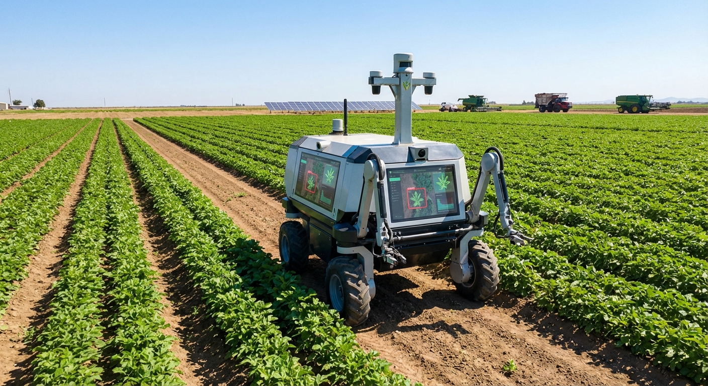 Autonomous farming robot using AI vision to identify weeds among crop rows