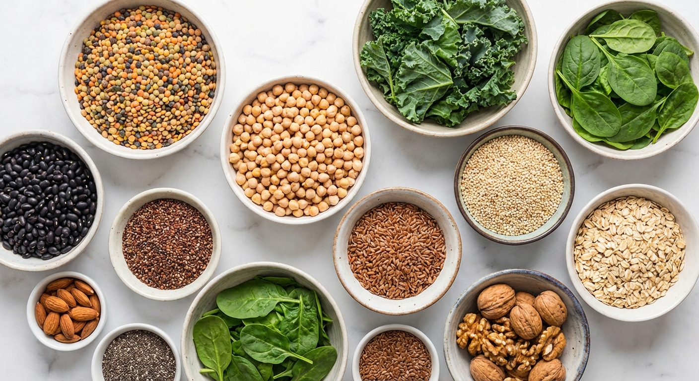 Variety of high-fiber prebiotic foods including legumes, leafy greens, and whole grains